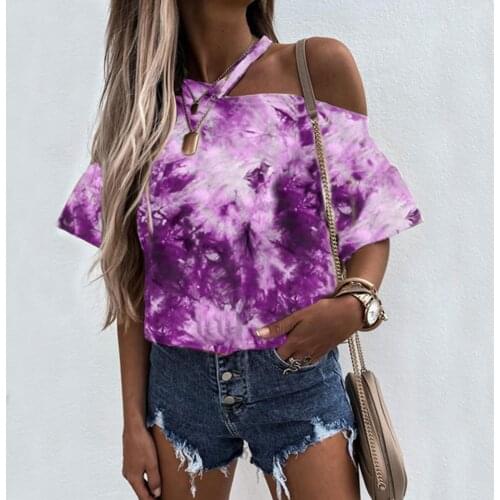 Off Shoulder Tops For Ladies 2021 Summer Plus Size Womens Fashion Tie-dye Gradient Sexy Hanging Shoulder Short Sleeve Top