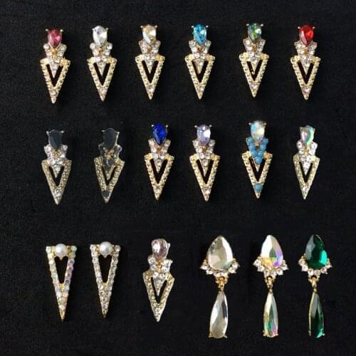 10pcs/Pack-19 Styles#JE6 Nail Art Jewelry/Pendant Alloy With Crystal Drop-Shaped Golden Triangle Metal With Diamond For Manicure
