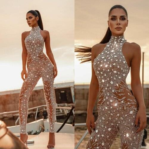High Collar Crystal Prom Dresses Illusion Sleeveless Jumpsuit Beaded Dubai Women Sexy Evening Gowns Special Occasion Dress