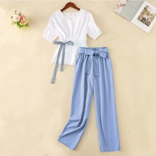 Oversized Chiffon Women Pants Sets Summer 2021 Bow Blouse And Solid Wide Leg Ankle Length Trousers Office Lady Clothing Suits