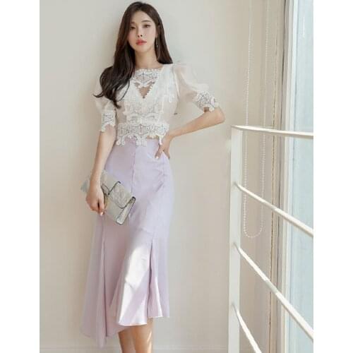 Vintage Short Sleeve Short Top Women OL High Waist Asymmetrical Midi Skirt Puff Sleeve Lace Embroidery Shirt Blouse 2 Pieces Set