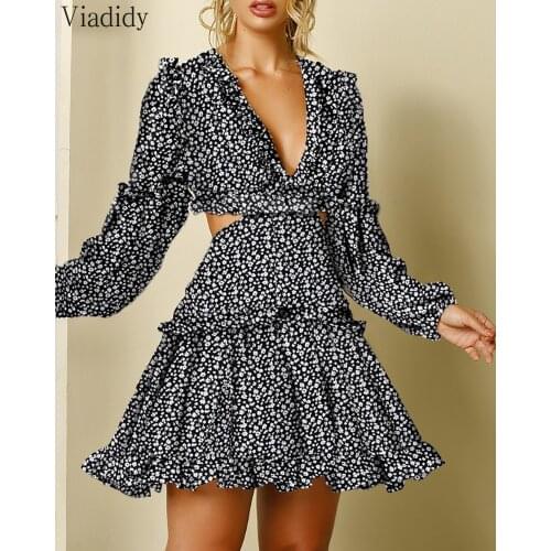 Women Floral Print Lace-up Backless Cutout Waist Ruffle Dress