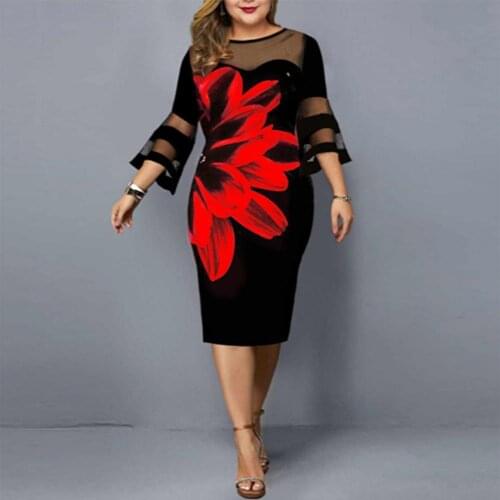 Plus Size Summer Dress Elegant Mesh Bodycon Women Floral Print Party Dress Club Night Outfits Black 2021 New Dresses 3XL 4XL 5XL