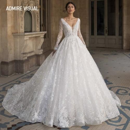 Newest Wedding Dress Ball Gown Lace Full Sleeves Deep V-Neck Neckline Open-Back Plus Size Bride Dress 2021 Vestidos De Novia