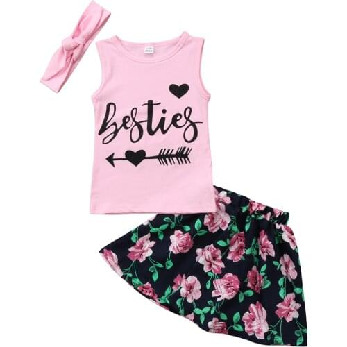 2017 Toddler Kids Girl Sleeveless Besties T shirt Tops +Party Princess Skirts Outfits Set Size 2-6T
