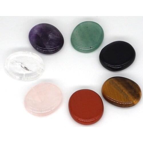7pcs Natural Tumbled Chakra Gemstone Carved Crystal Palm Stones+Random Pouch