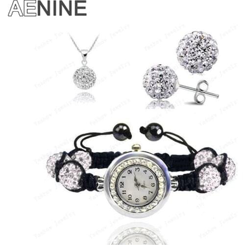 AENINE Watch Sets Necklace+Bracelet+Earrings Crystal Jewelry Watch Sets 10mm Micro Pave Disco Beads Crystal Jewelry Sets SHSE11
