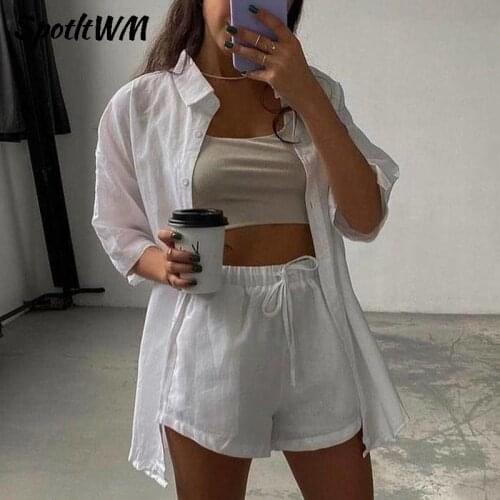 SpotLtWM Casual Women Summer Long Sleeve Blouse Tracksuit Shorts Set Loose Tops And High Waisted Mini Shorts Two Piece Set 2021