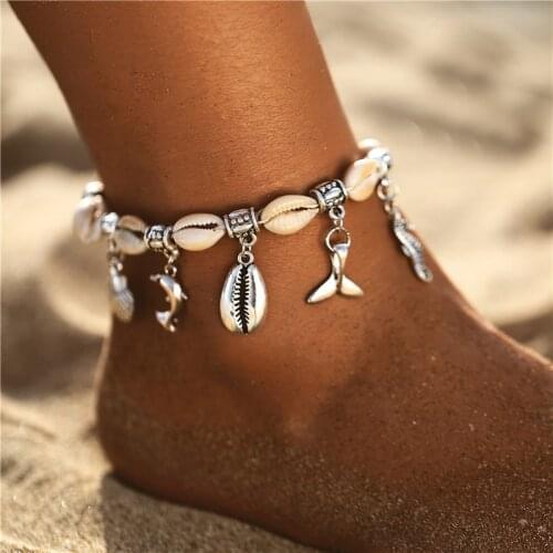 Bohemian Ocean Beach Sea Shell Dolphin Tail Ankle Bracelet Multi Layered Anklets for Women Foot Leg Bracelet Beach Jewelry