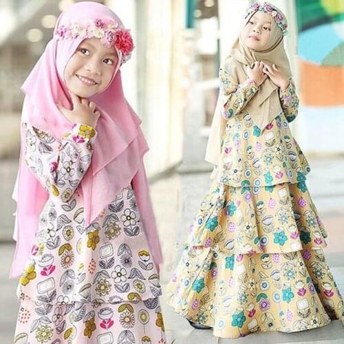 Childrens spring autumn girls long-sleeved flower Muslim jumpsuit long skirt and headscarf two-piece set childrens wear ins