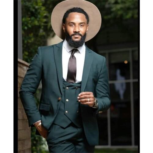 Formal Business Dark Green Men Suits 3 Pieces Double Breasted Vest Peaked Lapel Slim Fit Suits For Wedding Dinner Party Tuxedos