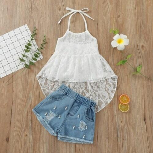 2Pcs Sweet Style Little Girls Outfit, Summer Hanging Neck Irregular Hem Lace Sleeveless Backless Tops + Ripped Denim Shorts Set