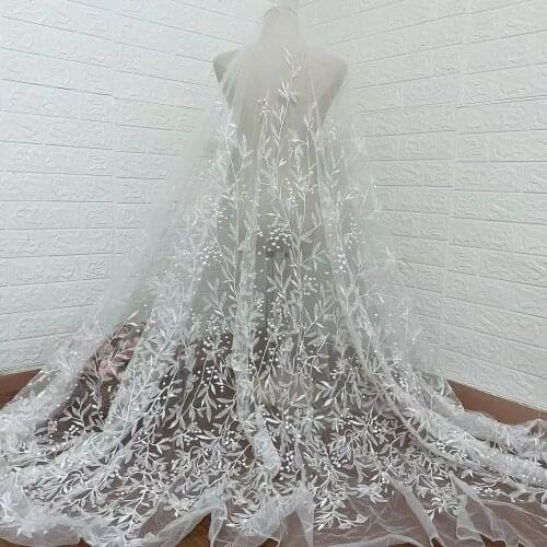 LFY New Style Leaves With Clear Sequins Embroidery Tulle Lace Fabric Wedding Bridal Gown Lace Fabric