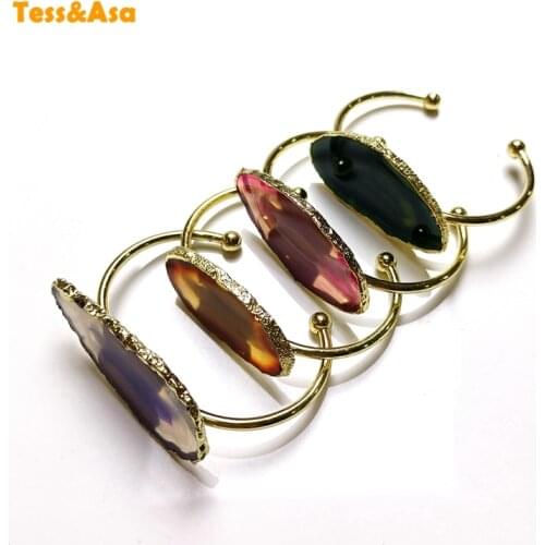 Natural Agates Gold Bangle Bracelet Pink Green Blue Orange Freeform Slab Beads Open Cuff Bangle Fashion Women Onyx Stone Jewelry