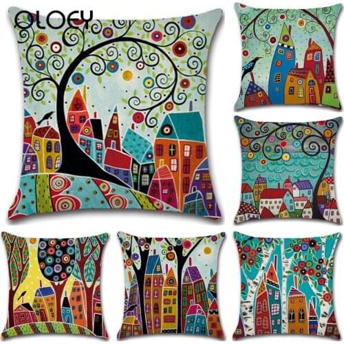 Hand Drawn Retro Country Color City 45 * 45cm Pillowcase Linen Pillow Car Home Decoration Pillowcase Car Decoration Pillowcase