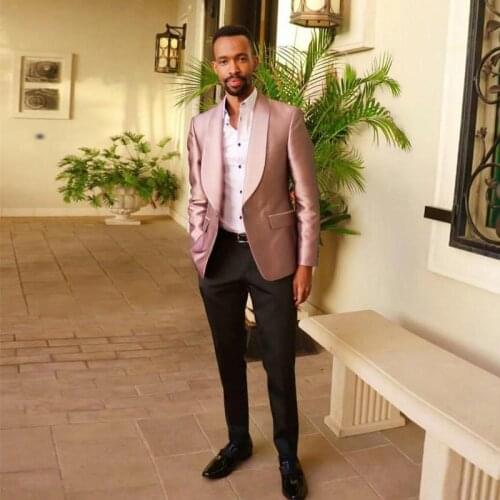 Latest Design Satin Slim Fit Mens Suits Wedding Grooms Tuxedos Shawl Lapel Formal Blazer Long Sleeves Prom Suit (Jacket+Pants)