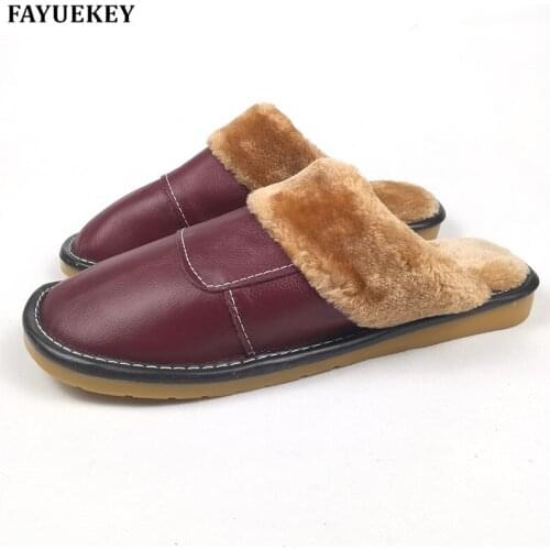 FAYUEKEY New Fashion Winter Leather Home Slippers Women Indoor Floor Outdoor Slippers Warm Cotton Plush Girls Flat Shoes MJ-006
