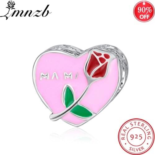 LMNZB 100% 925 Sterling Silver Rose Flower Pattern Pink Heart Charm fit Original Bracelet Jewelry Valentine Day Gift LC011