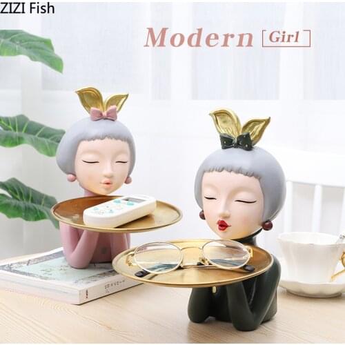Modern Resin Cartoon Character Sculpture Storage Cute Girl Metal Tray Entrance Key Storage Decoration Art Living Room Home Decor
