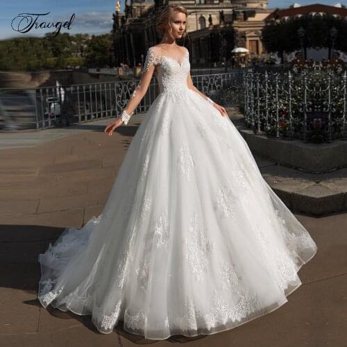 Traugel Scoop Neck Long Sleeve A Line Lace Wedding Dresses Elegant Applique Button Chapel Train Vintage Bridal Gowns Plus Size