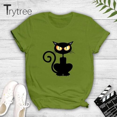 Trytree 2021 Summer Casual Woman T-shirt Polyester O-neck 6 Colours Printed Big Eyed Kitten Straight Tops For Women Dropshipping