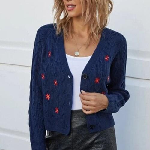 Embroidery Vintage Long Sleeve Cropped Cardigan Korean Button Knitted Sweater 2020 Autumn Floral Outwear Tops Sweaters Outfits