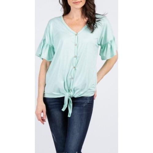 Women Summer T-Shirts Fashion V-Neck Irregular Short Sleeve Shirt Button Down Tie Ladies Tops Solid Color