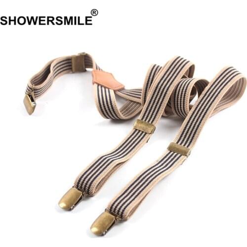 SHOWERSMILE Vintage Suspenders Stripe Women Men Braces Pants Khaki Retro Leather 3 Clips Y Back Casual Braces Mens Trousers
