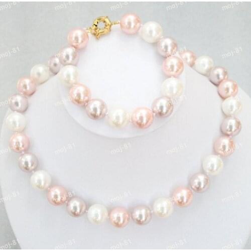 12MM White Pink Purple Mixed Akoya Shell Pearl Necklace Bracelet Set