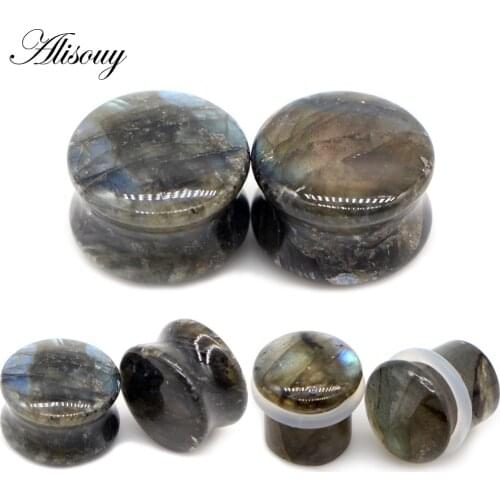 Alisouy 2pcs Labradorite Glow Stone Double Single Flared Ear Plugs Tunnel Flesh Expander Stretcher Gauges Piercing Body Jewelry