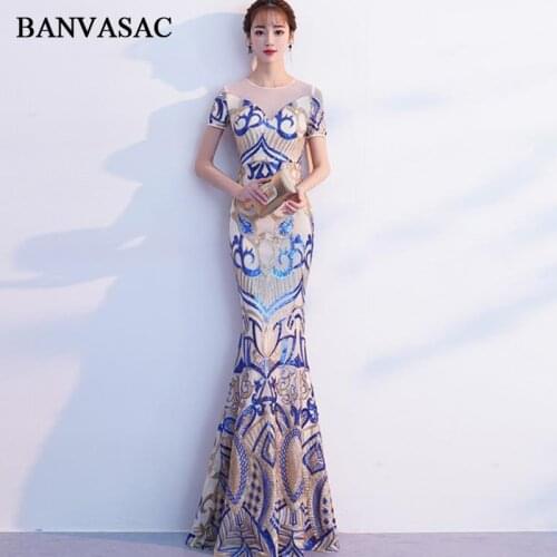 BANVASAC O Neck 2020 Sequined Mermaid Long Evening Dresses Party Lace Short Sleeve Illusion Zipper Back Prom Gowns
