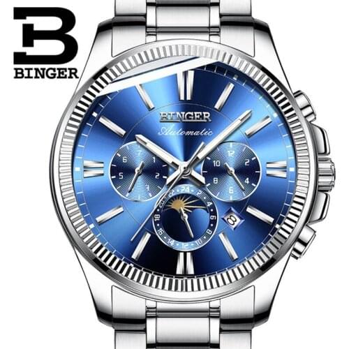 BINGER Blue Watch Men Luxury Brand Automatic Mechanical Watch Sapphire Wristwatches Moon Phase relogio masculino Men Watches