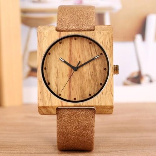 Wooden Watches Simple Design Lightweight Bamboo Wristwatch With Browm Leather Band Square Dial Quartz Movement For Men Women
