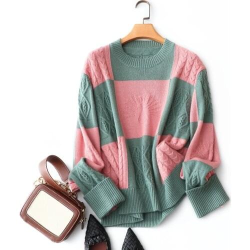 European fashion 100% pure cashmere sweater womens round neck loose large size hot pink pullover knitwear thick winter sweater