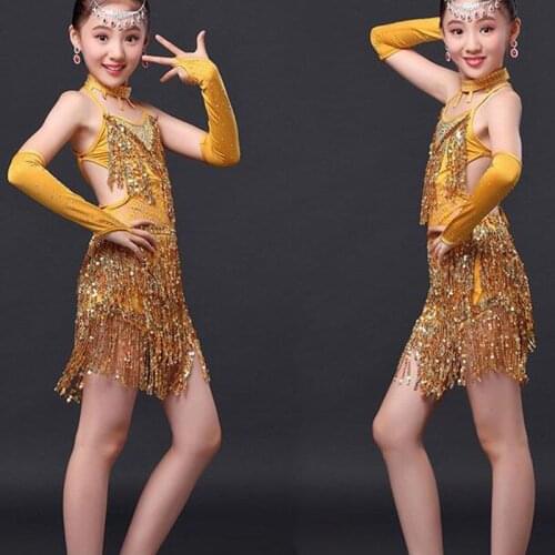 Indian dress for kids girls dancewear costumes rose red gold top with skirt sequin fringed latin practice wear dress
