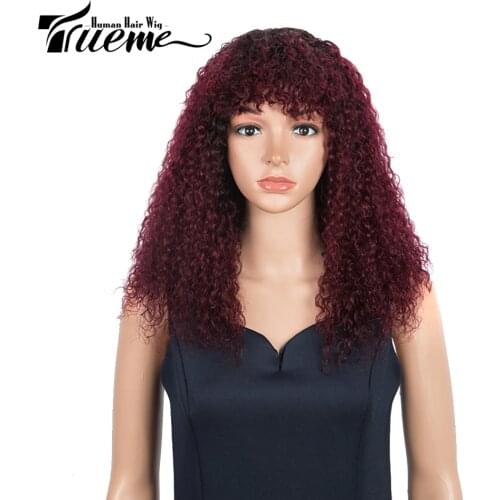 Trueme Curly Human Hair Wigs With Bangs Remy Brazilian Jerry Curl Bob Wig Omber Blonde Brown 99J Color Full Wig