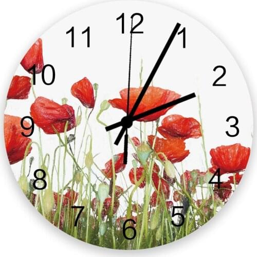 Hand-Painted Style Poppy Chestnut Flower Wall Clock Wooden Modern Design Digital Clocks Home Living Room Wall Watch Decoration