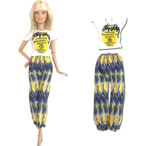 NK 1 Pcs Doll Outfit White Shirt Fashion Pattern Casual Long Trouseres For Barbie Doll Accessories Baby Toys 14A