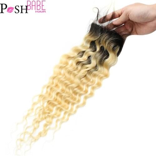 POSH BABE Two Tone Dark Roots 1B 613 Deep Wave Closure Brazilian Remy Ombre Blonde 8 - 22 inch 4x4 Lace Closure Free Shipping