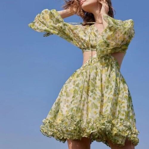 Summer Super Fairy Dress New Lantern Sleeve Floral Printing Dyeing Chiffon V-neck Open Waist Flowy Dress 02-DS-dlshcx