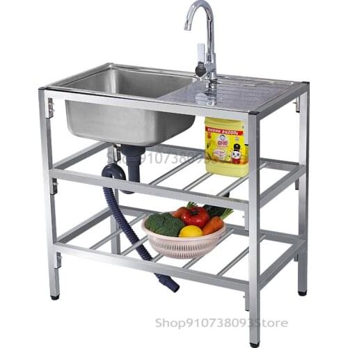 Stainless Steel Sink Table Top Integrated Simple Sink Single Tank Vegetable Washing Basin With Bracket Kitchen 304 Shelf With Pl