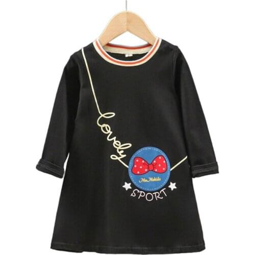 2021 Autum Spring Girls Cartoon Bow Long Sleeve Dresses Costume 1-7Years Girls Pink Black Cute kawaii Clothes Outfits