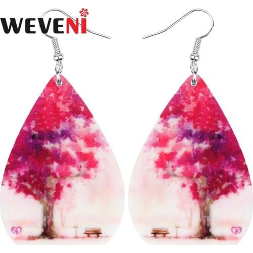 WEVENI Acrylic Teardrop Red Maple Leaf Tree Earrings Drop Dangle Jewelry Ornaments For Women Girls Teens Kids Party Charms Gift