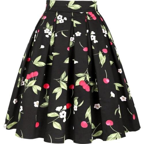 Y2K Cotton Women Midi Skirt Black Cherry Printed Leaf High Waist Pinup Pleated Retro Vintage School Office 50s Rockabilly Skater