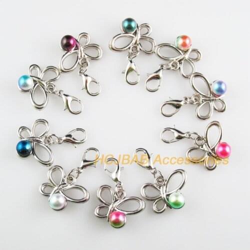 10 New Butterfly 14x19mm Charms Dull Silver Plated Mixed Ball Acrylic Retro With Lobster Claw Clasps
