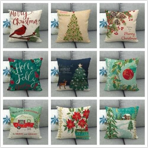 Christmas Cushion Cover Linen Festival Decorative Floral Pillow Case for Sofa Couch Living Room Sweet Home Decor Gift 45x45cm