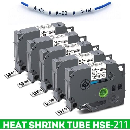 5PK Heat Shrink Tube Label Tape Compatible with Brother hse 211 hse-211 5.8mm for Brother Labeller PTE300 E550W E800W P750WVP