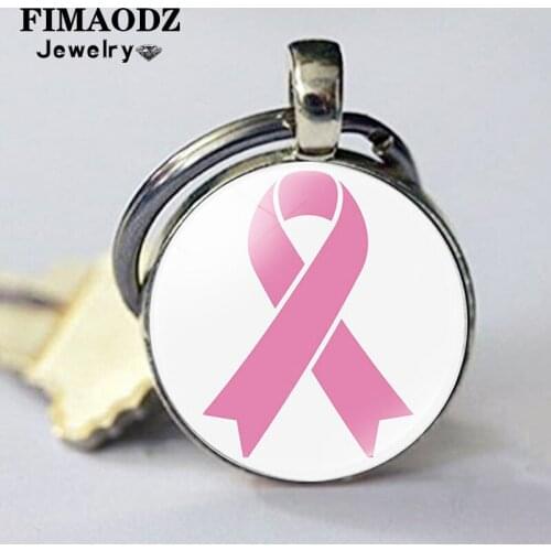 FIMAODZ Breast Cancer Awareness Keychain Pink Ribbon Art Glass Gem Metal Pendant Key Chain for Women Lady Hope Key Ring Gift