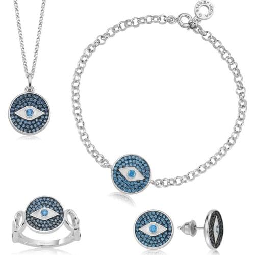 Valori Jewels Mystick Evil Eye, Zirconia Fancy Blue Round Gemstone, Rhodium Plated, Sterling Silver Full Set