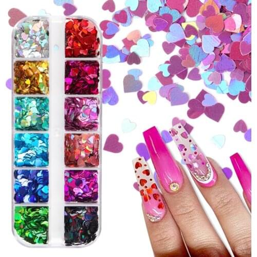 Holographic Glitter Love Heart Nail Art Sequins Valentines Day Manicure Design Sparkling Paillette Nails Decorations Accessories